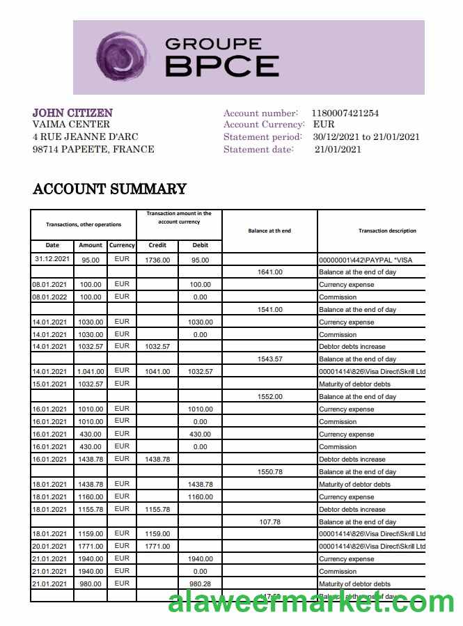 France Groupe BPCE bank statement easy to fill template in Excel and PDF format